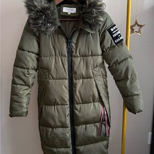 Olive Green Longline Puffer Coat Size M | Faux Fur Hood Winter Parka